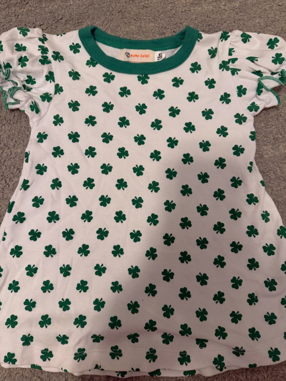 Girls' White Dress with Green Clover Print